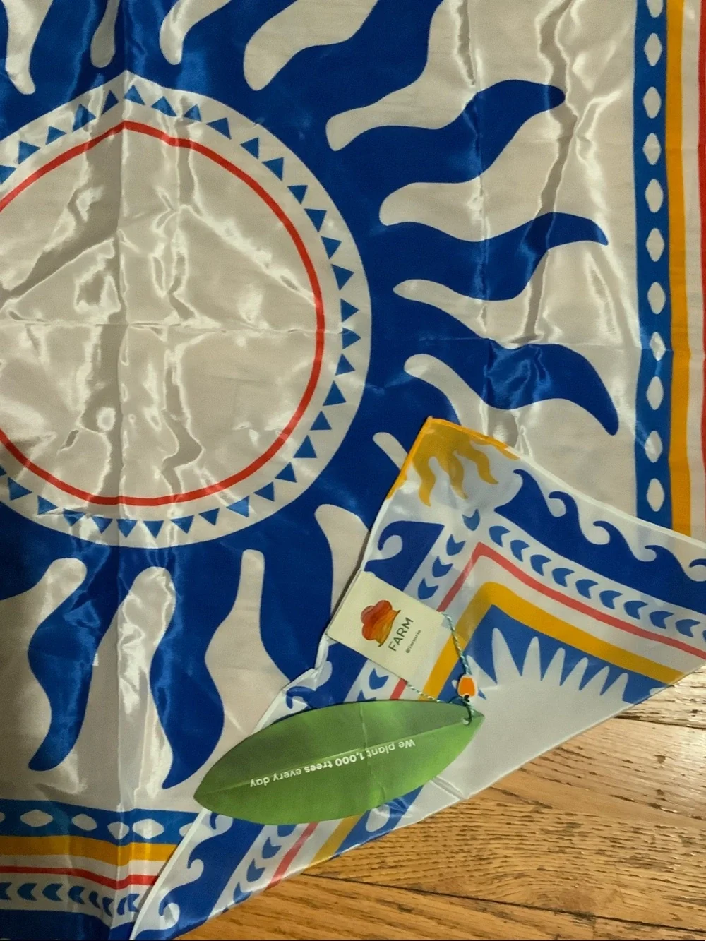 FARM Rio White, Blue & Yellow Sun Motif Silk-Look Scarf - 32 x 32 inches